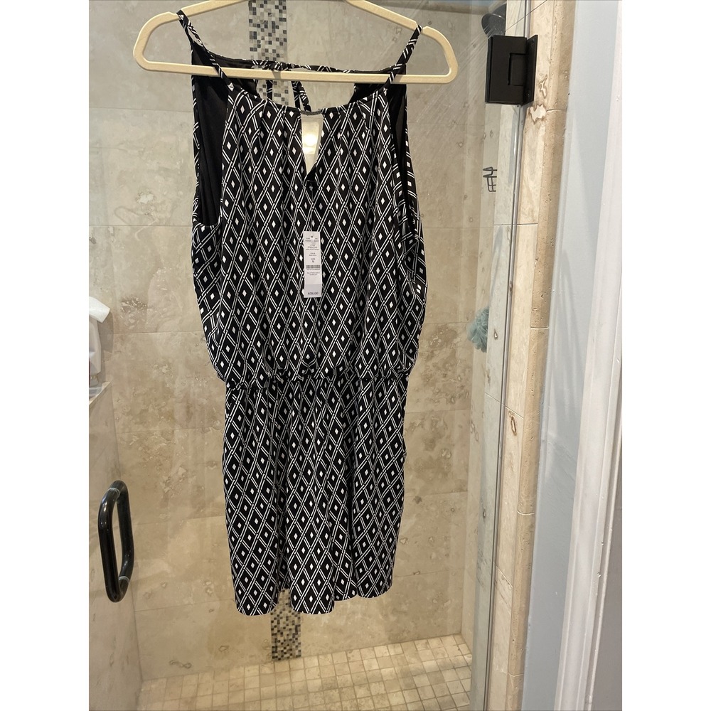 White House Black Market Diamond Print Halter Jersey Romper Black White M NWT